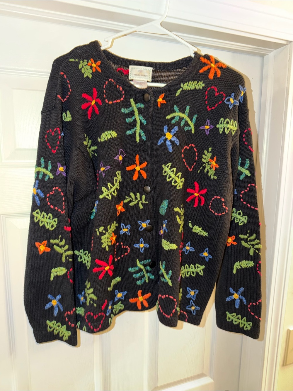 Susan Bristol Black Cardigan with Multicolor Floral & Heart Embroidery